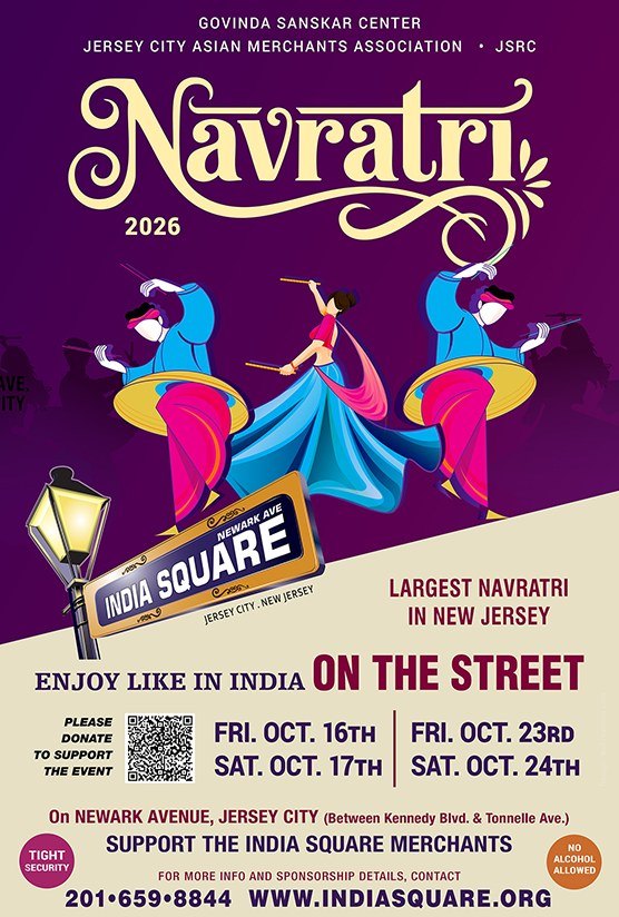 Official Navratri 2026 poster: Oct 16, 17, 23 & 24 on Newark Avenue, Jersey City